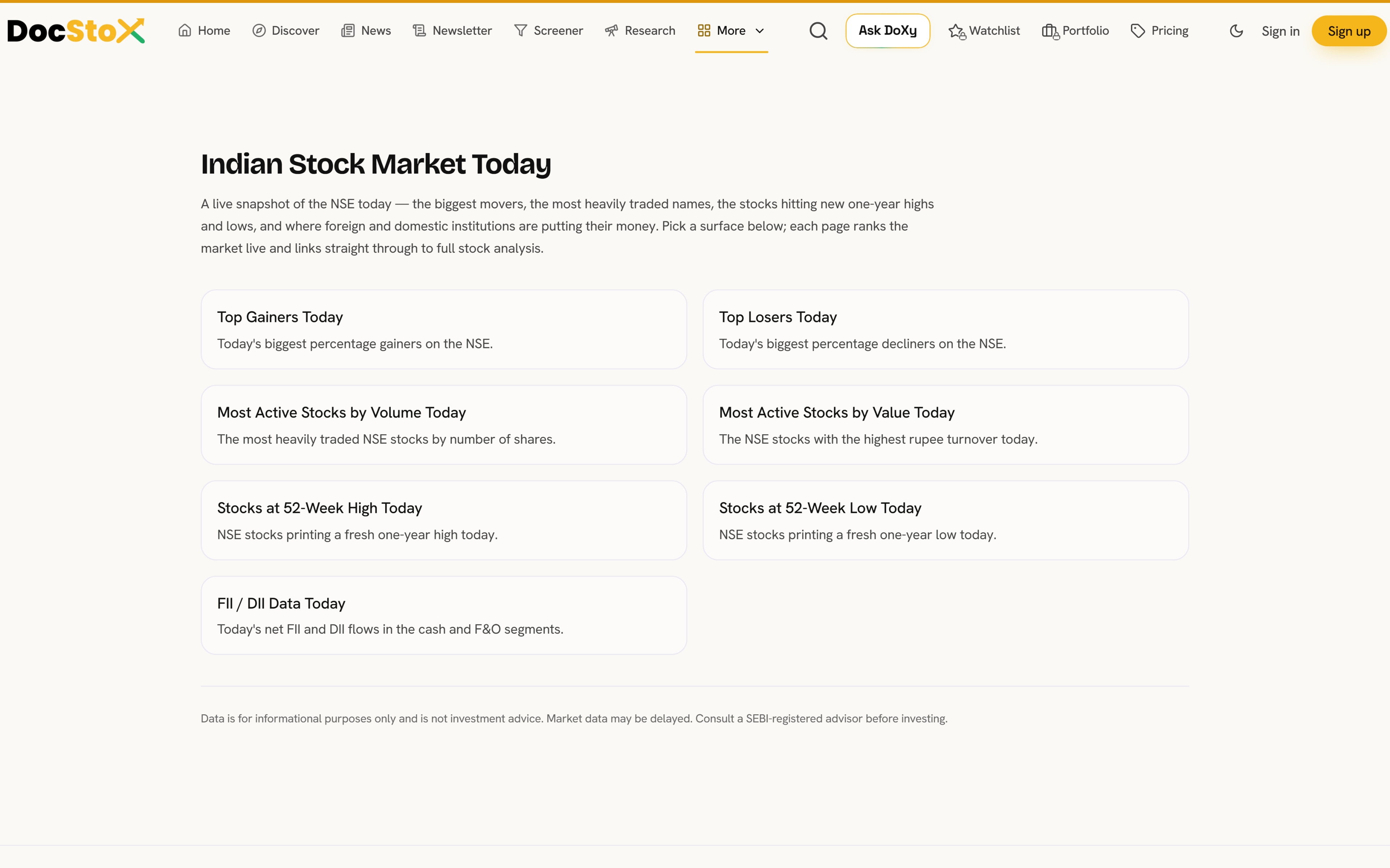 Live NSE and BSE market movers, indices and breadth on DocStoX