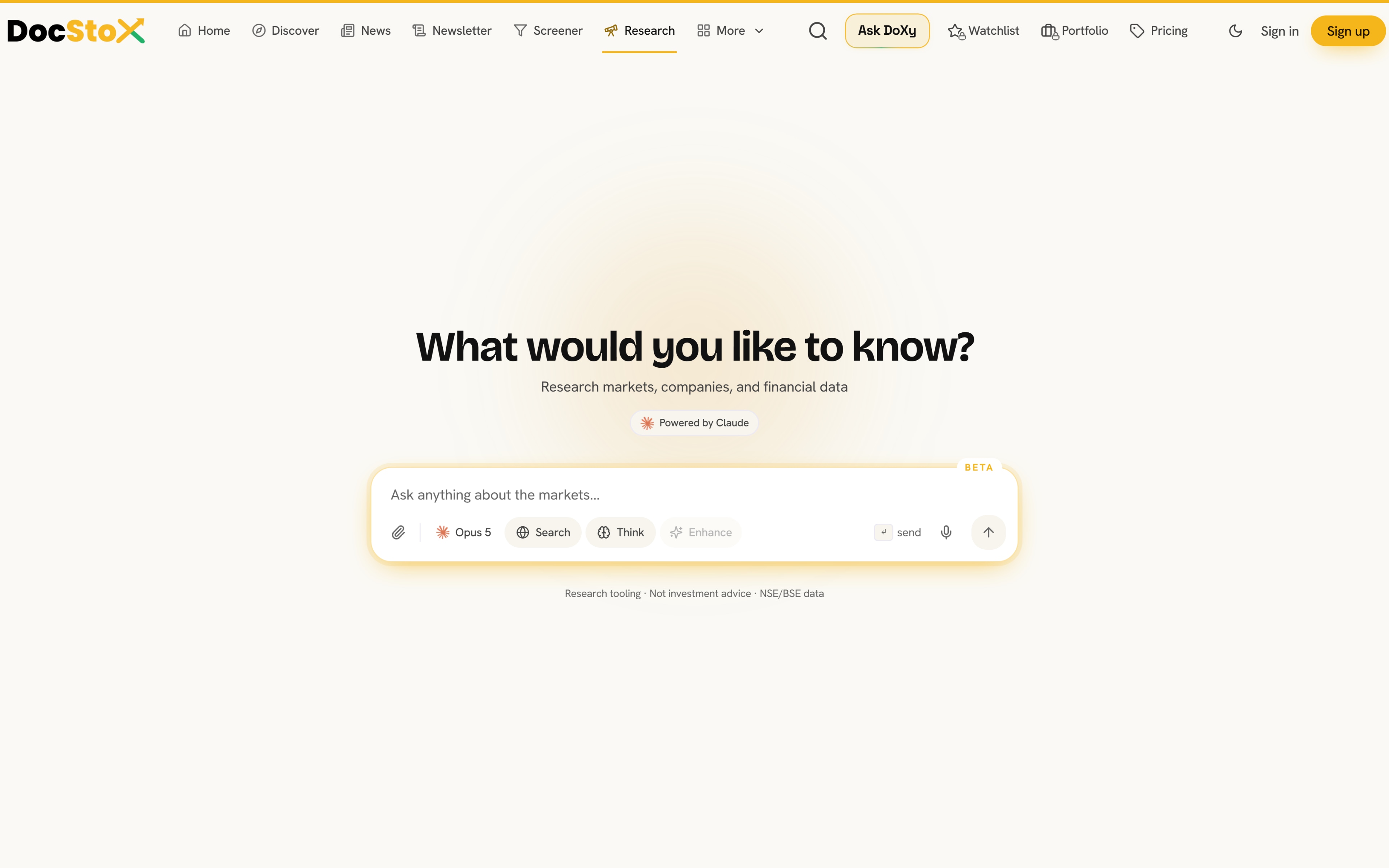 The DocStoX research surface, where DoXy answers a question about a listed company